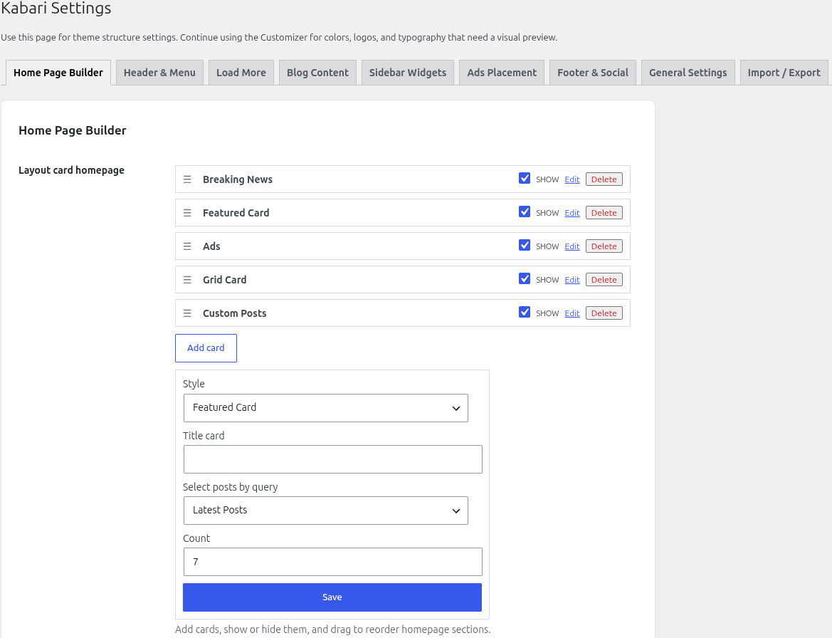 Pengaturan Home Page Builder