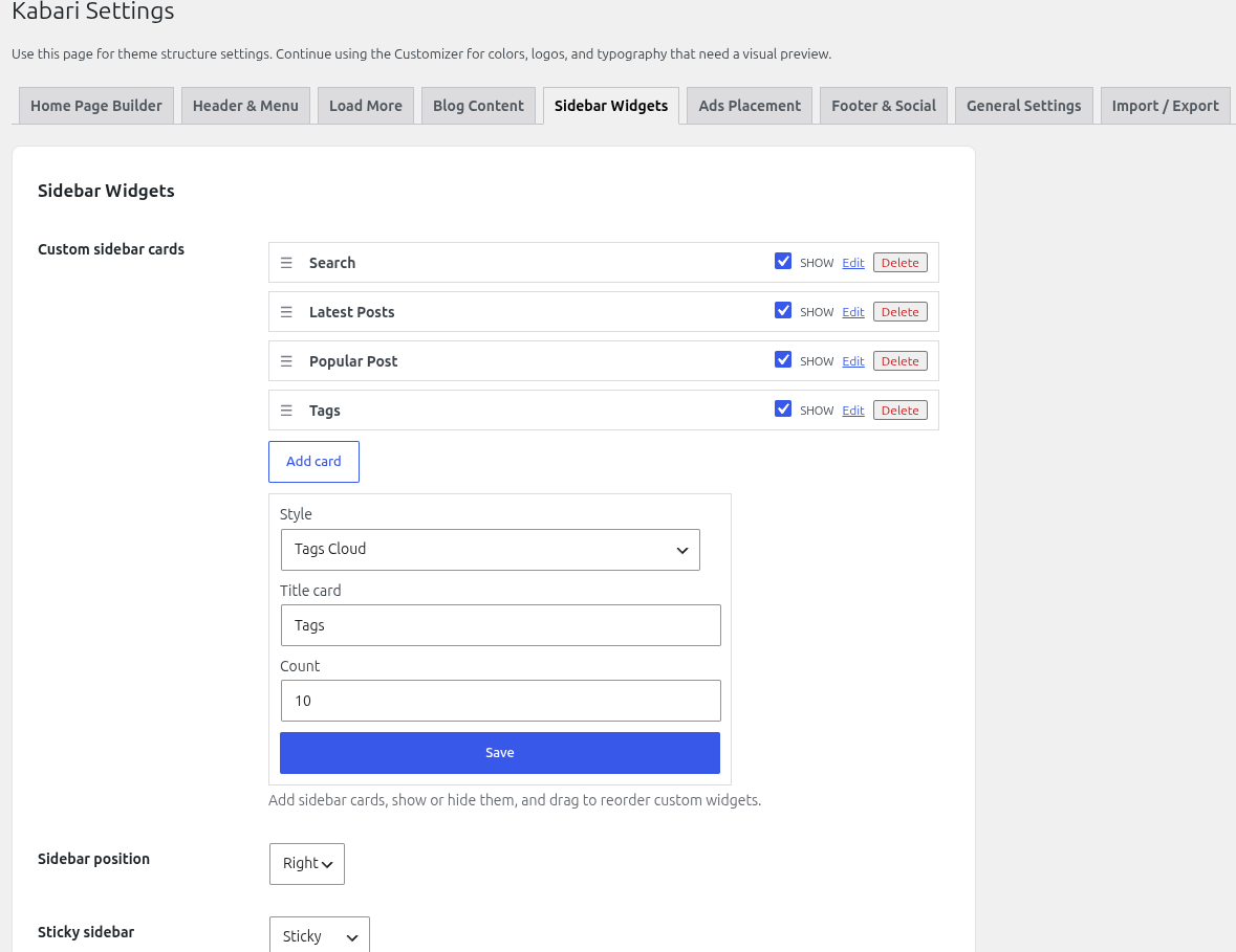 Pengaturan Sidebar cards